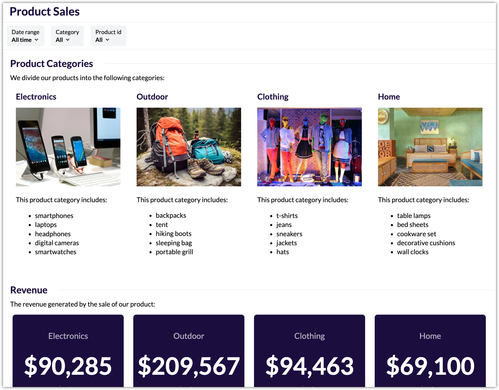 Screenshot of a dashboard showing data of various products divided by category. Rich text widgets are used to introduce to the user what exactly these product categories are, and examples of the kinds of products they include.