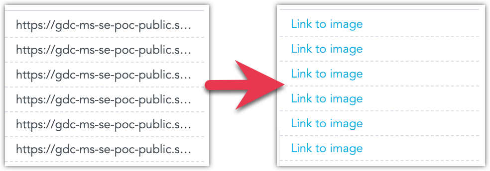 Two screenshots showing the same part of the repeater, one showing data as a series of string URLs, the other one showing them as clickable hyperlinks with custom link text.