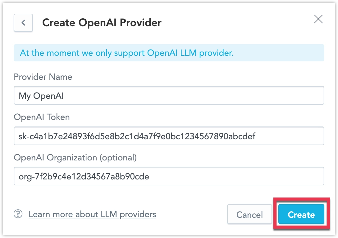 Screenshot of the AI assistant dialog where you input provider specific values like the API key.