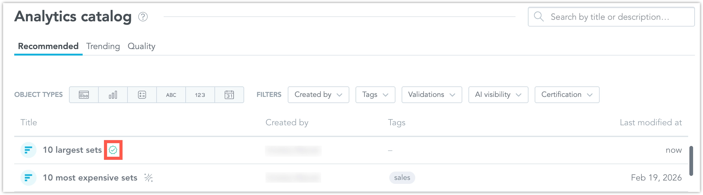 The Analytics Catalog lists a visualization. A certification badge shows to the right of its title.