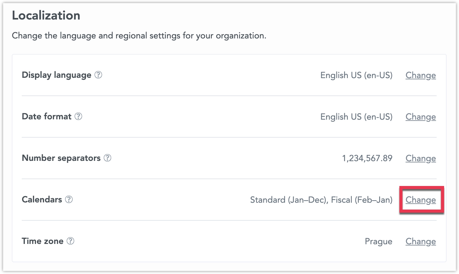 Settings showing calendars configuration item.