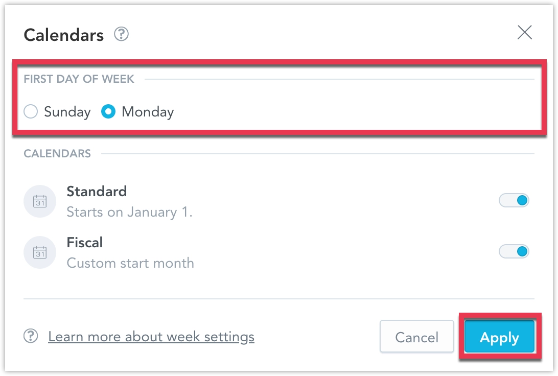 Calendars dialog highlighting Sunday and Monday options.