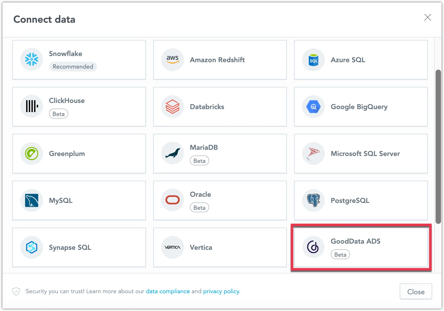 Dialog showing available data source types with the GoodData ADS option highlighted.