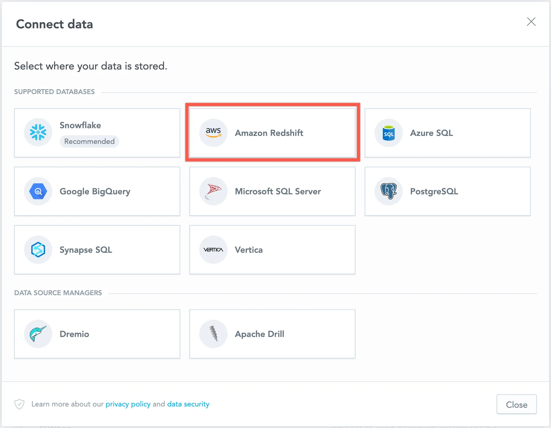Dialog showing available data source types with the Redshift option highlighted.