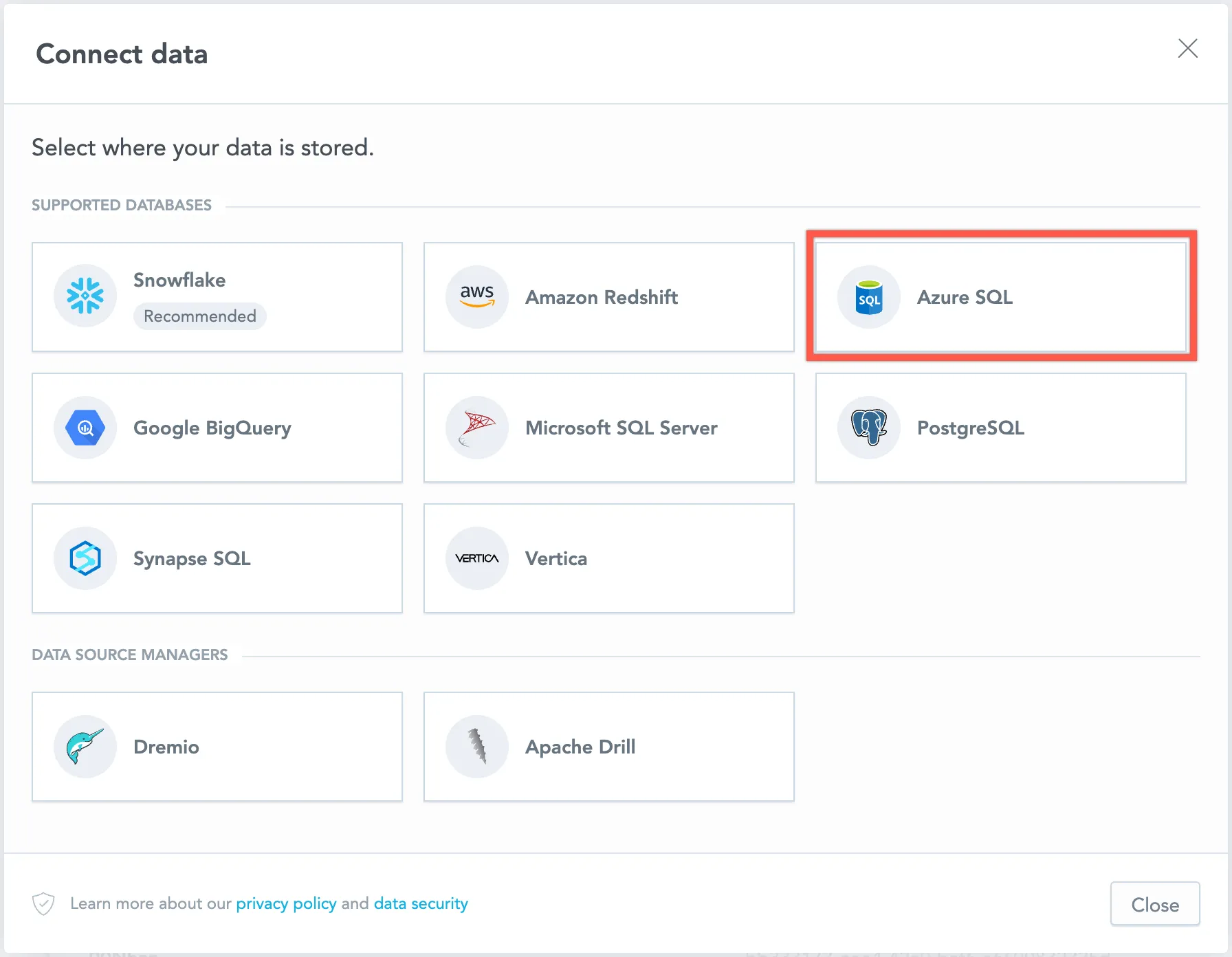 Dialog showing available data source types with the Azure SQL option highlighted.