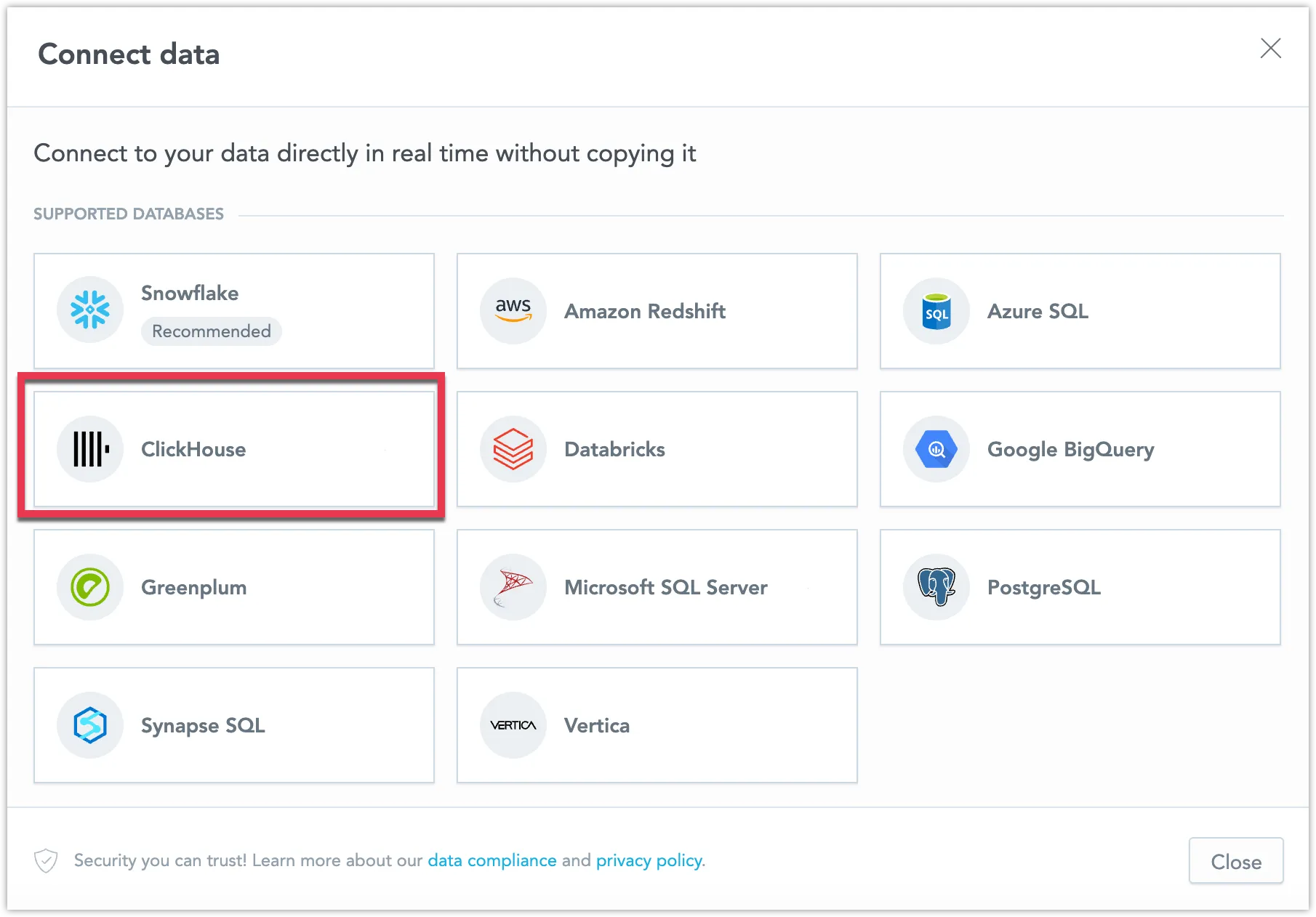 Dialog showing available data source types with the Clickhouse option highlighted.