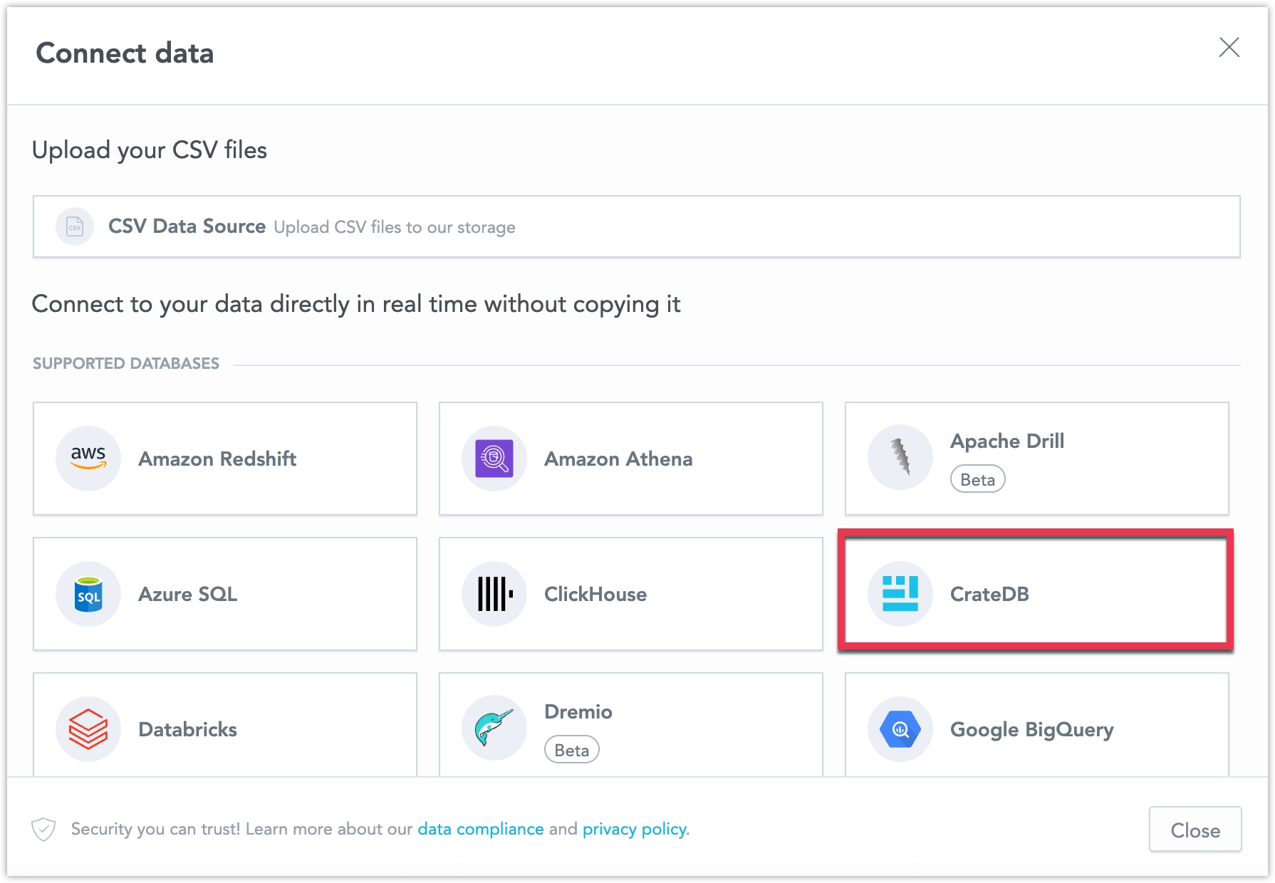 Dialog showing available data source types with the CrateDB option highlighted.