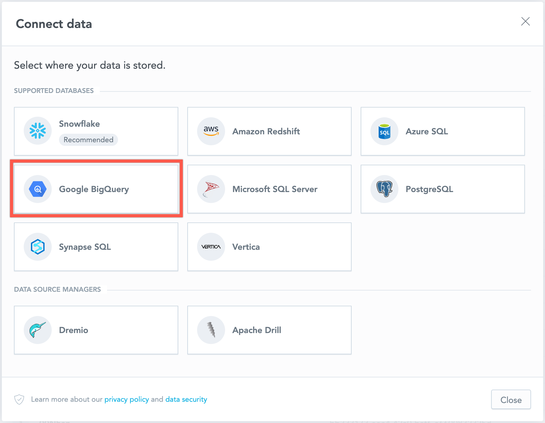 select data source type