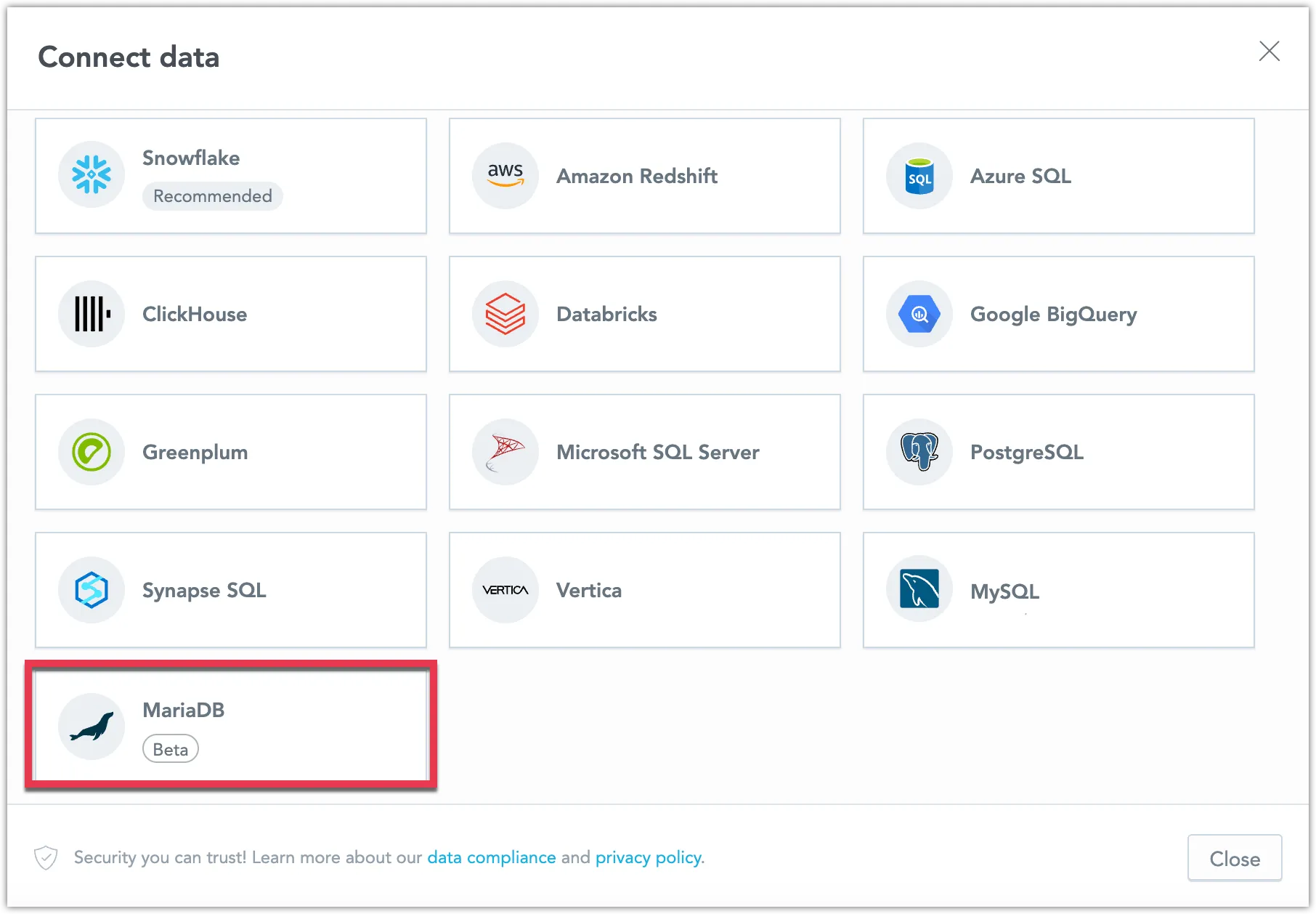 Dialog showing available data source types with the MariaDB option highlighted.