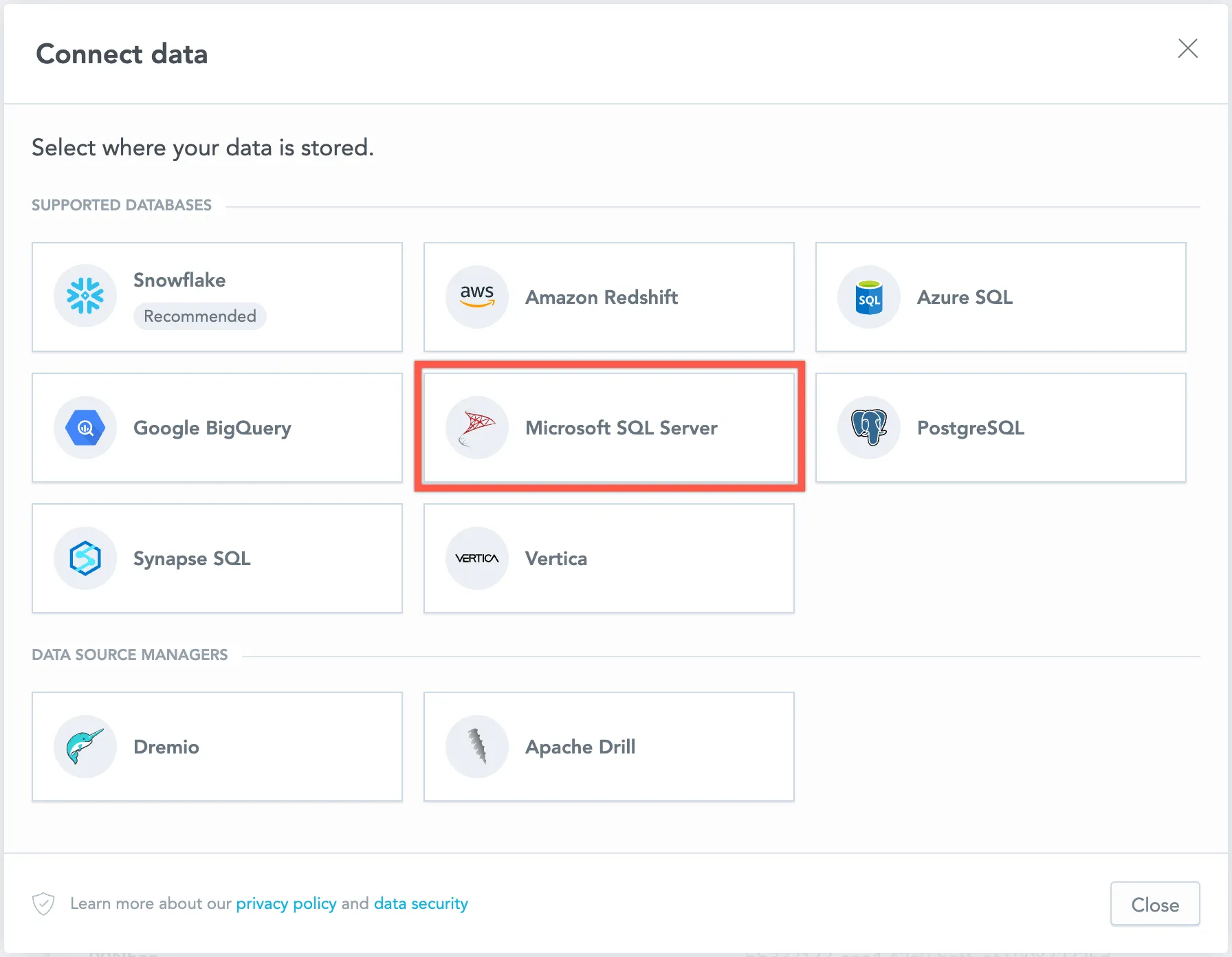 Dialog showing available data source types with the Microsoft SQL Server option highlighted.