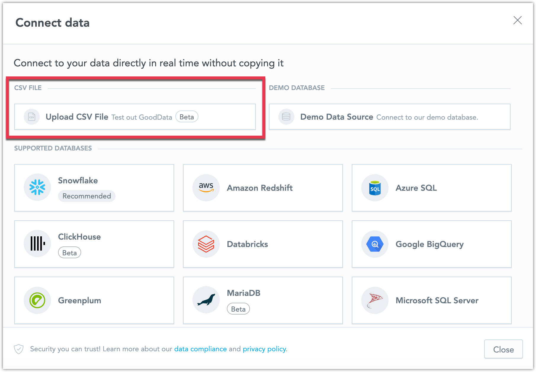 Connect data dialog showing the 'Upload CSV file' option.