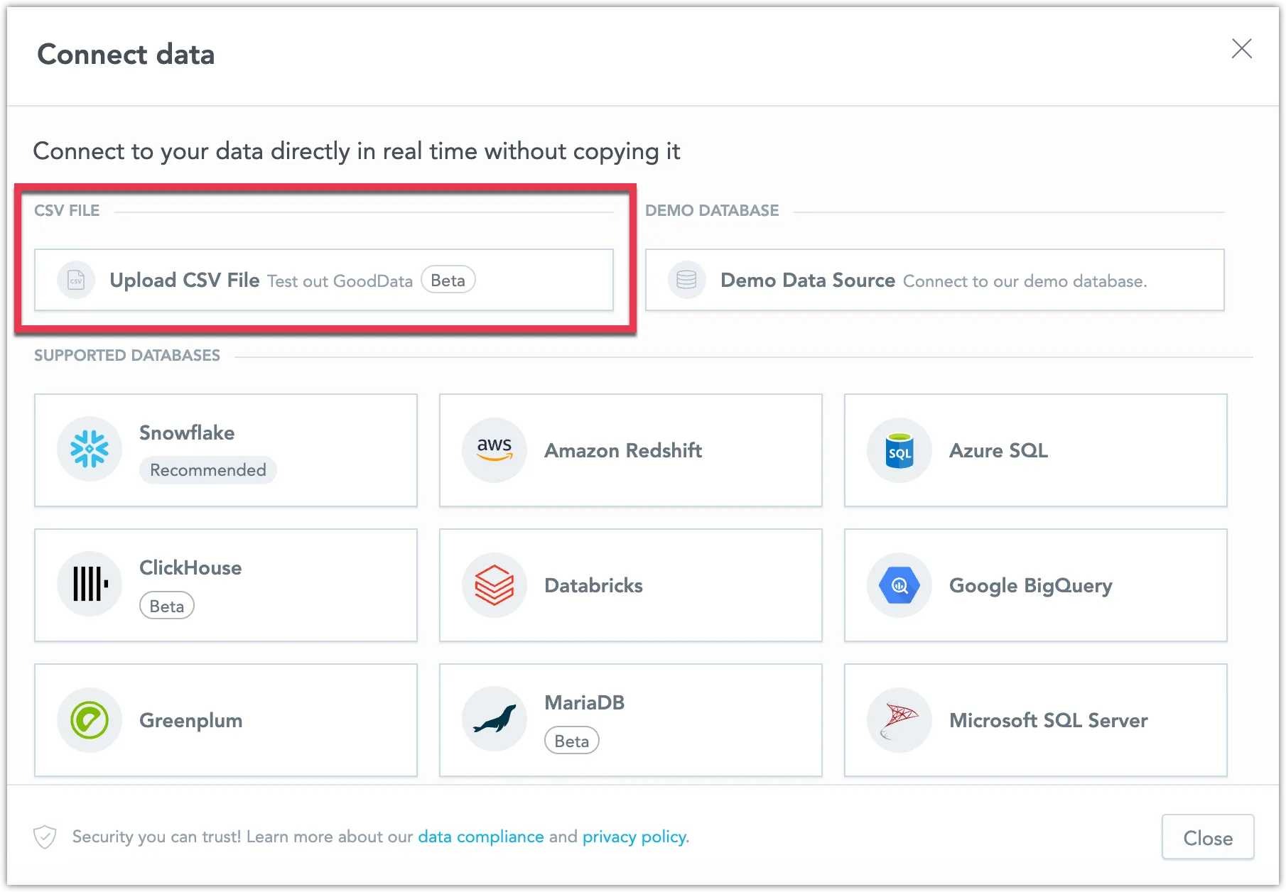 The Connect data dialog with the Upload CSV File option highlighted.