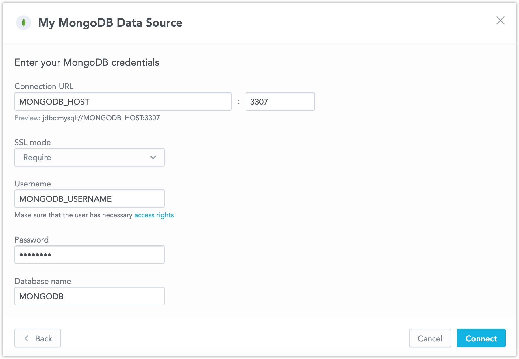 Form to enter credentials for a MongoDB data source. Fields include the Data Source Name, Connection URL, a SSL Mode selector, Username, Password, and Database Name.