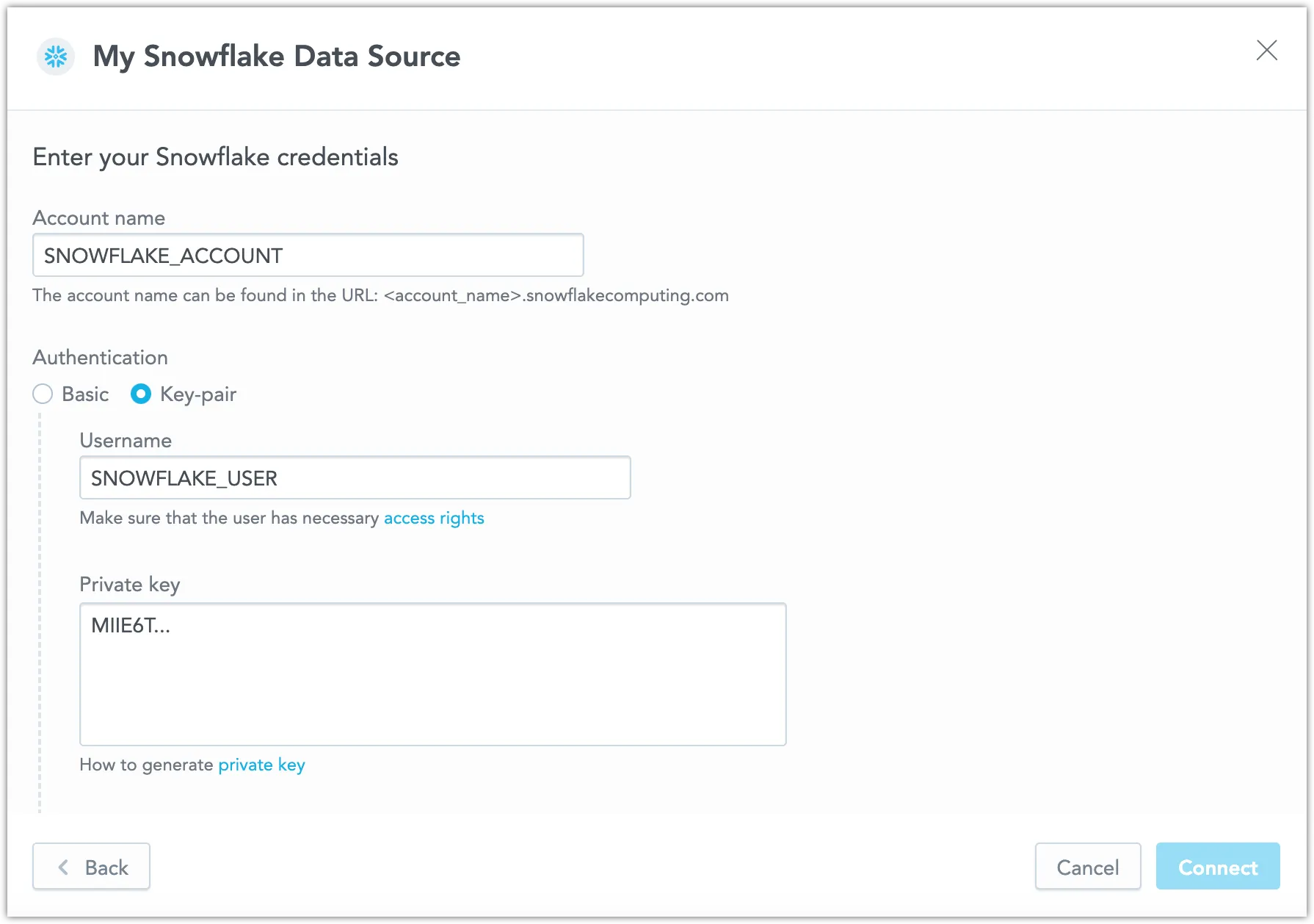 Form to enter credentials for a Snowflake data source using the Key Pair authentication. Fields include the Data Source Name and Account Name. The Authentication selector is set to Key Pair, therefore the Username and Private Key fields are visible.