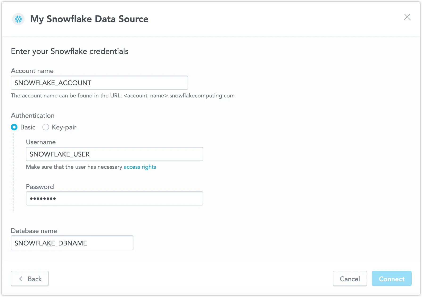 Form to enter credentials for a Snowflake data source using the Basic authentication. Fields include the Data Source Name, Account Name, and Database Name. The Authentication selector is set to Basic, therefore the Username and Password fields are visible.