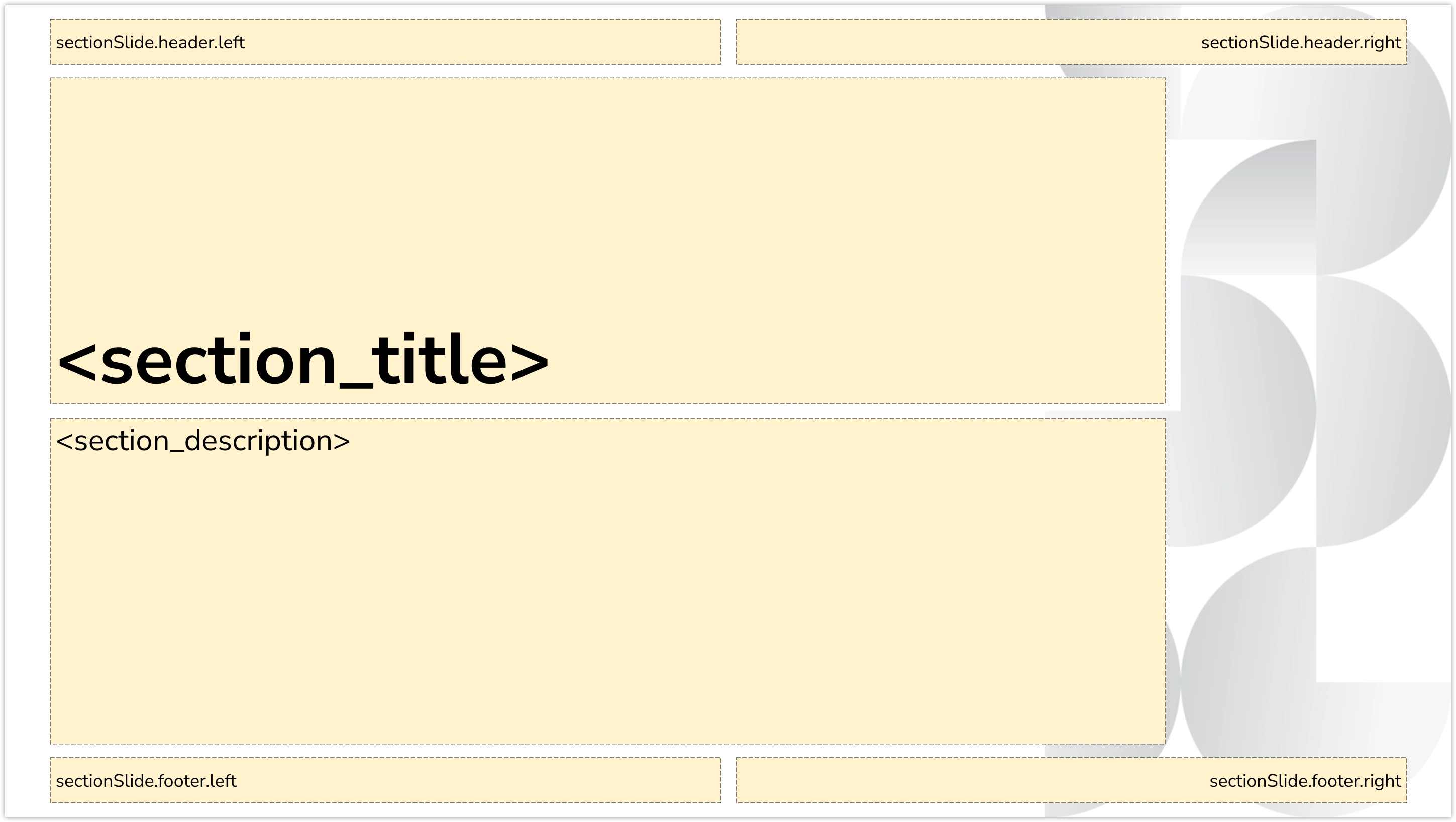 Screenshot of a presentation slide showing where different elements of the section slide are located and the type of font size they use.