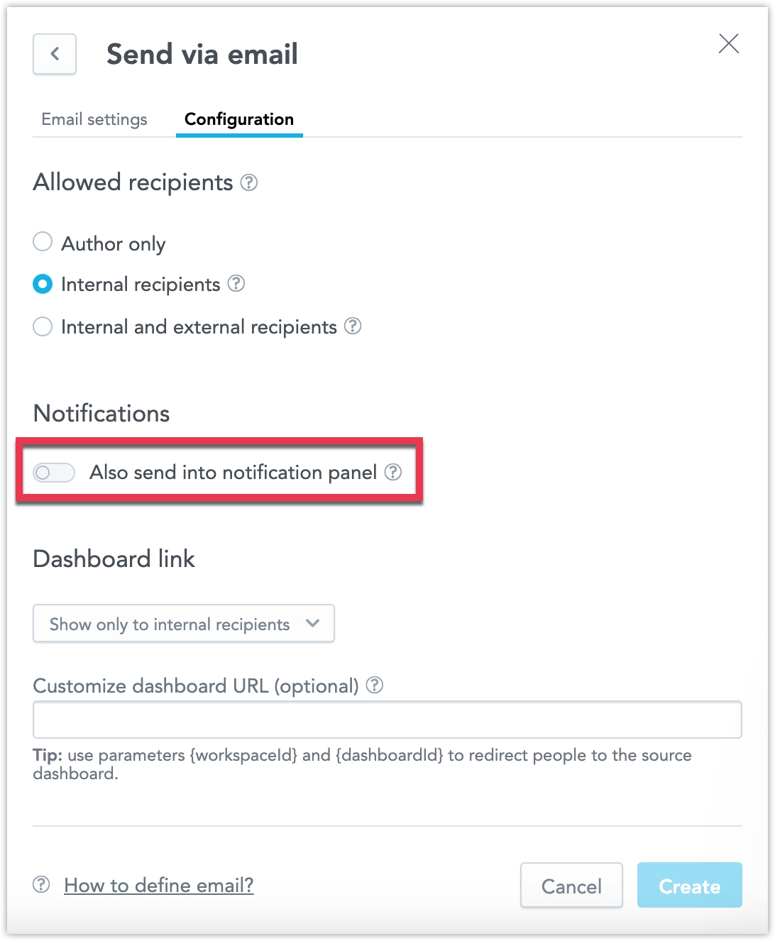 Screenshot of the configuration tab of a create email destination showing the Also send to notification panel option.
