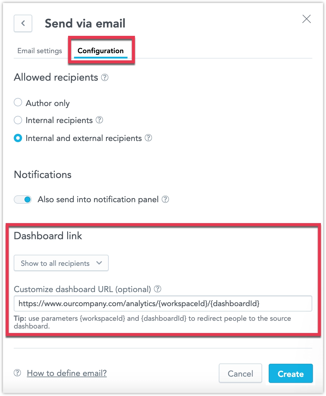 Screenshot showing the configuration tab on email destination creation dialog, highlighting the custom dashboard URL field.