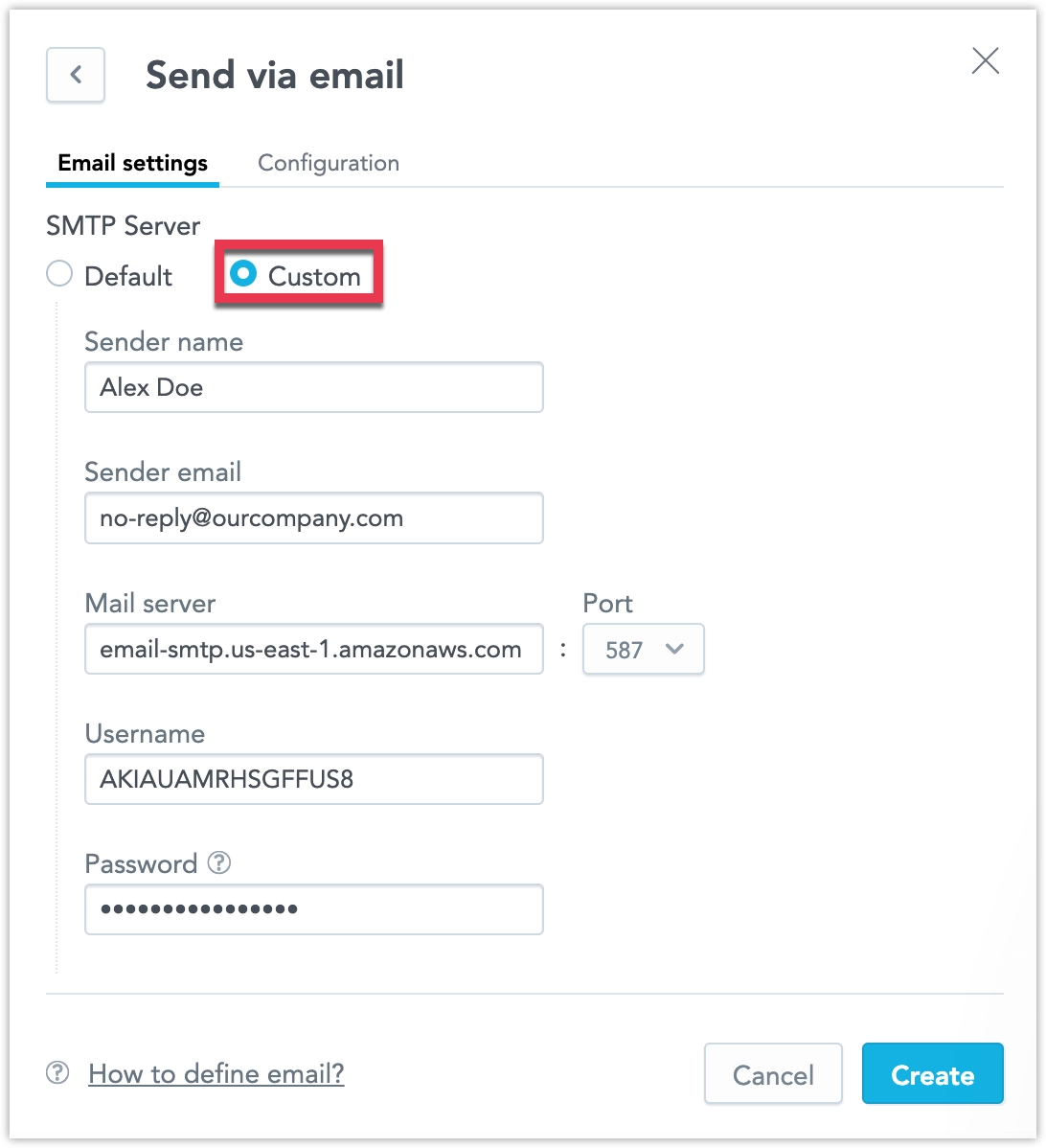 Screenshot of the Create email dialog, Custom SMTP server option, with all values filled in and the Create button highlighted.