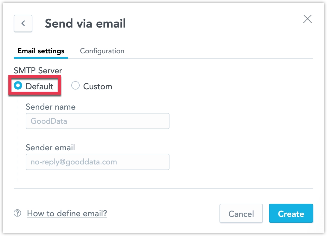 Screenshot of the Create email dialog, Default SMTP server option, with all values filled in and the Create button highlighted.