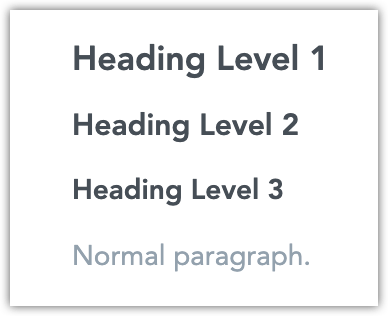 Screenshot showing examples of h1, h2, h3 and paragraph text.