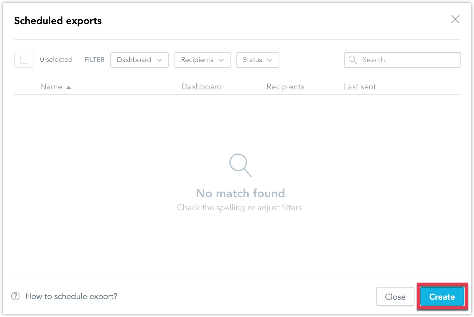 Screenshot of the scheduled exports dialog.