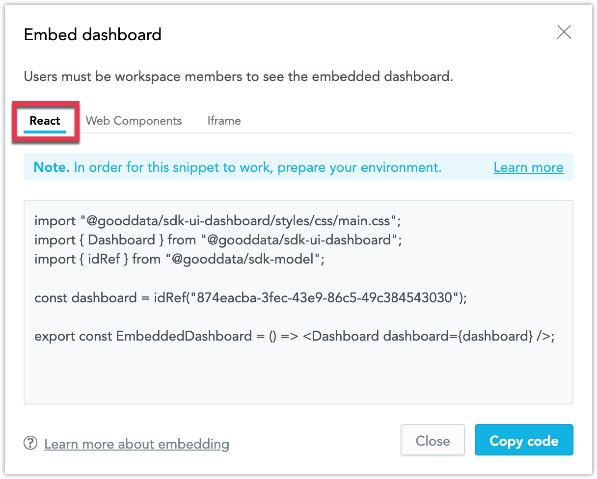 React embedding dialog for dashboard