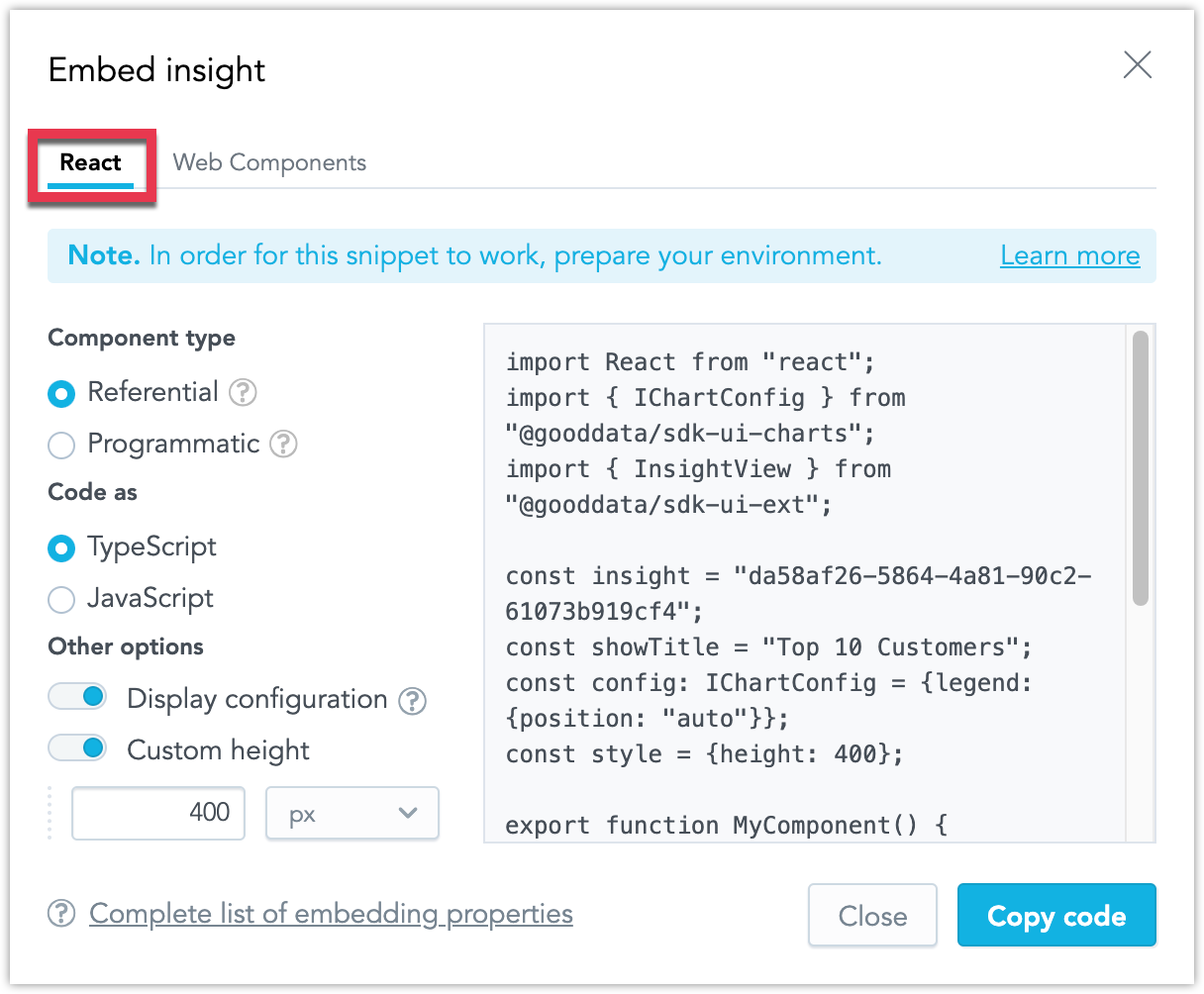 React embedding dialog for visualization