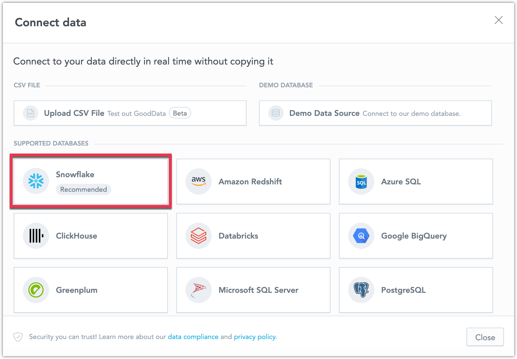 The Connect data dialog