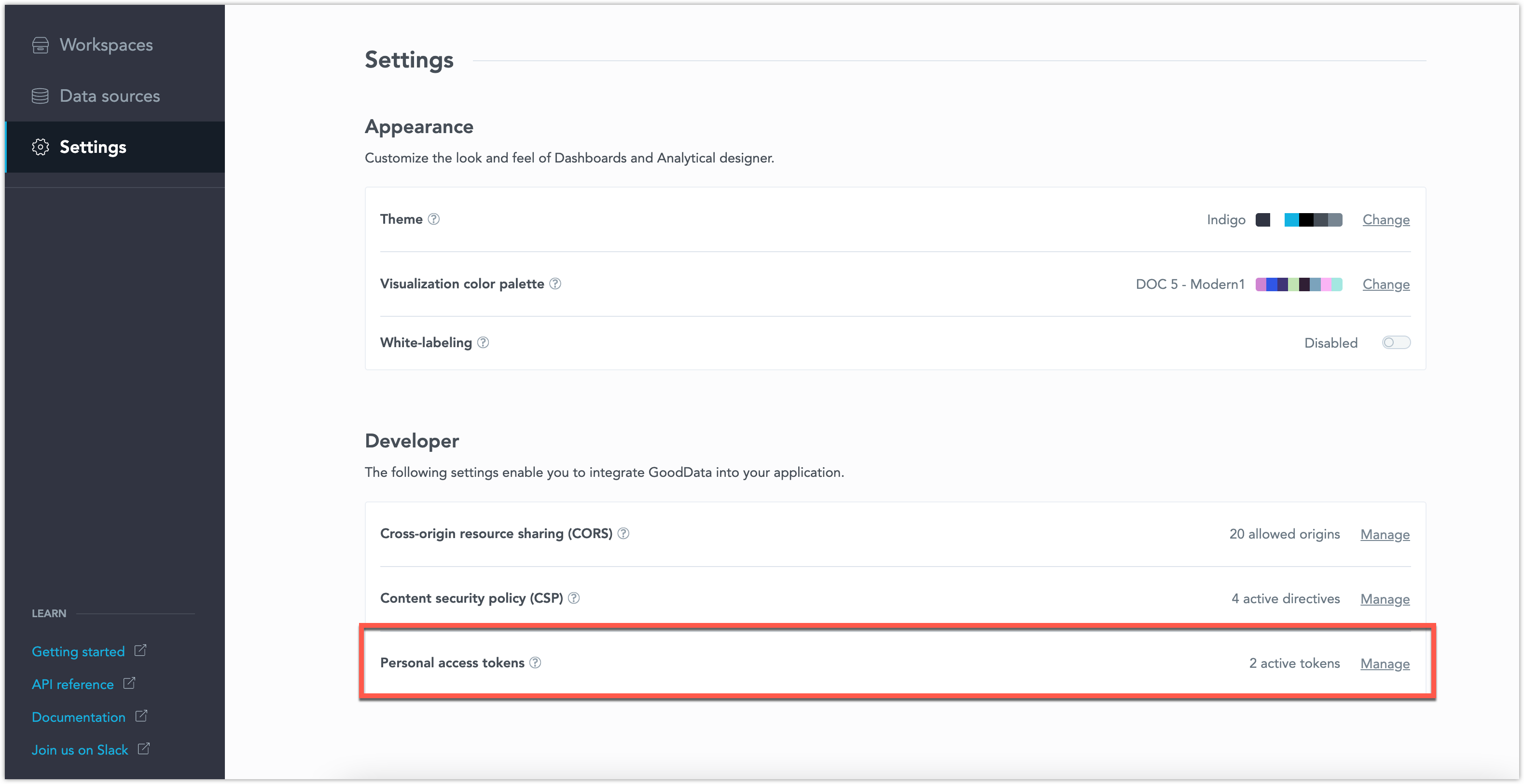 The Settings page