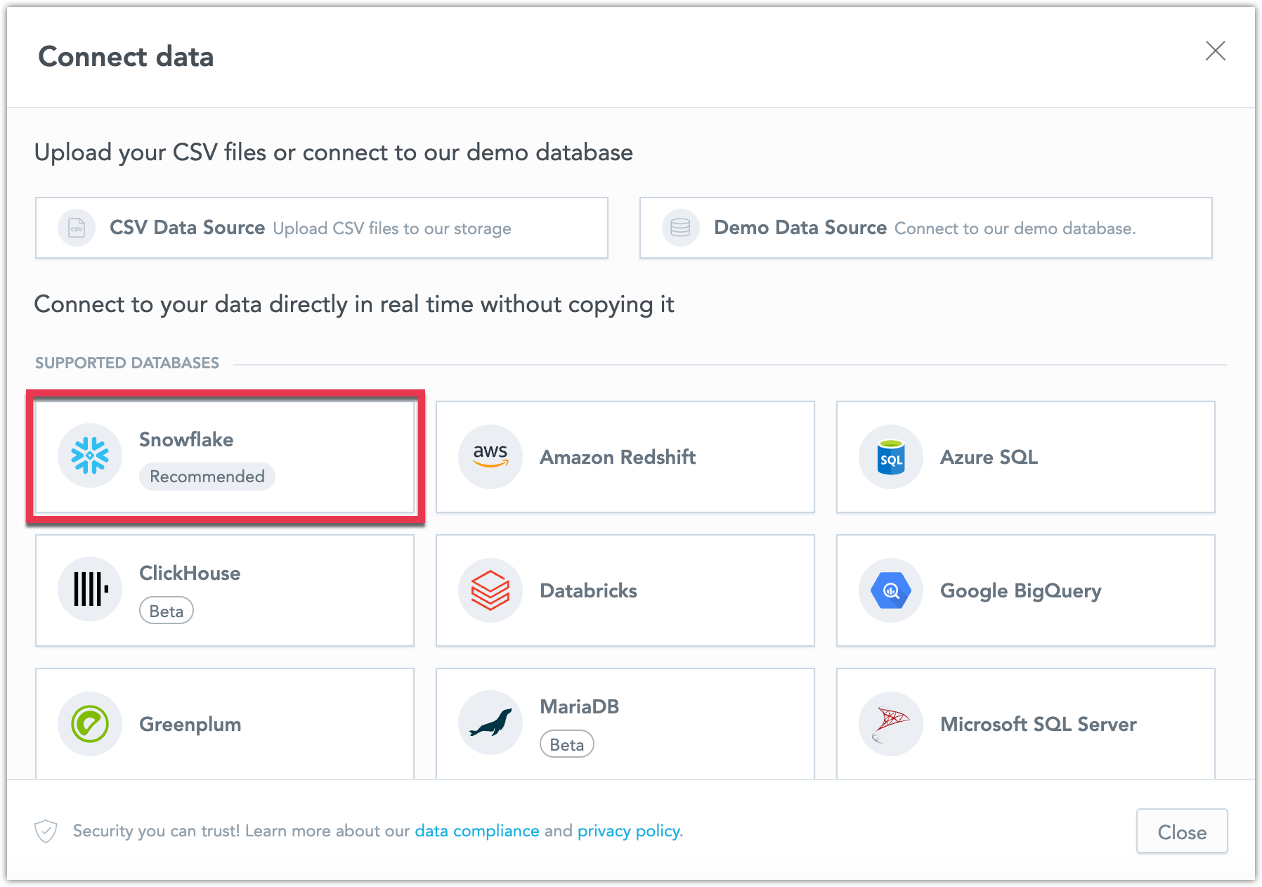 Connect data dialog displaying supported database options, with Snowflake highlighted.