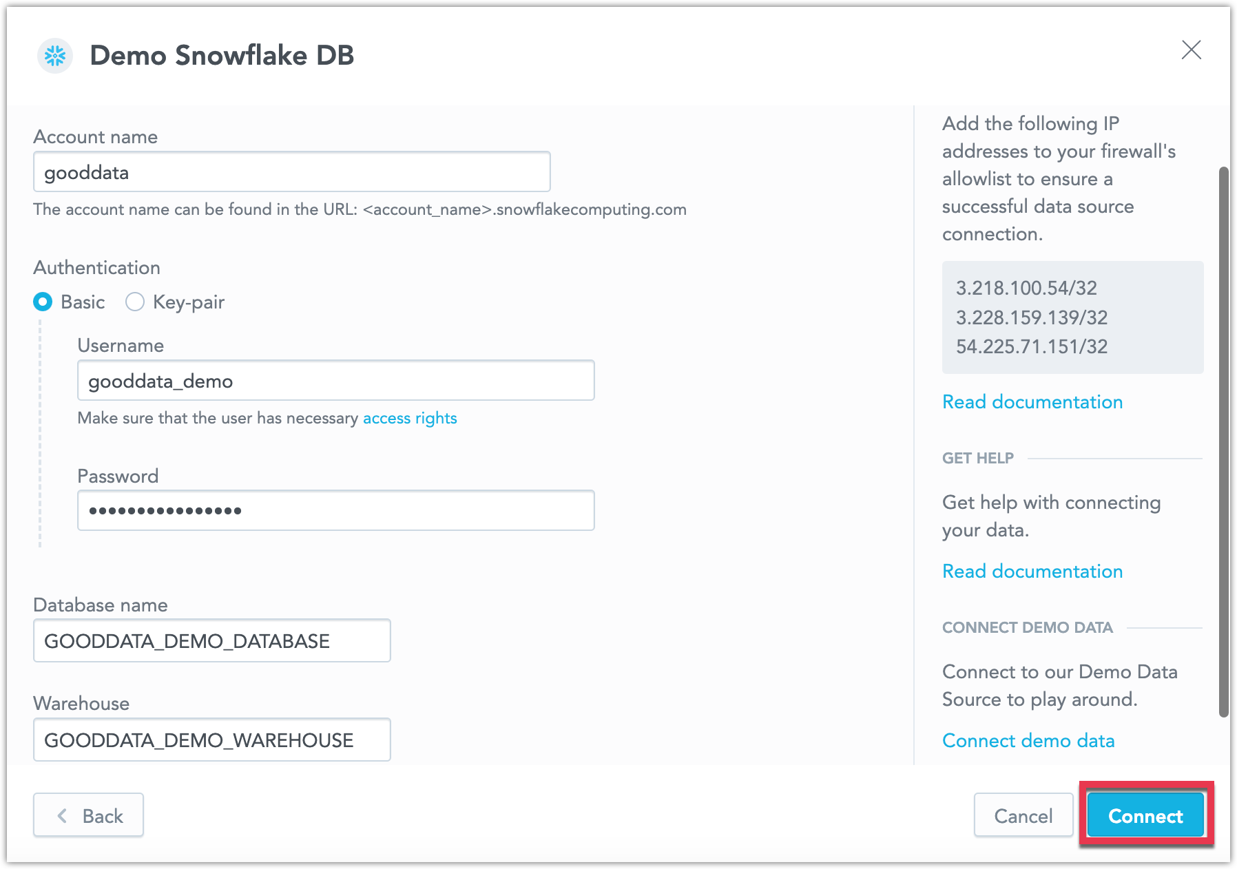 Data source creation dialog with fields for connection credentials.