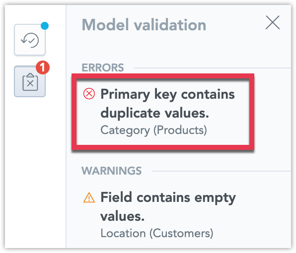 Model validation panel showing duplicate primary key error