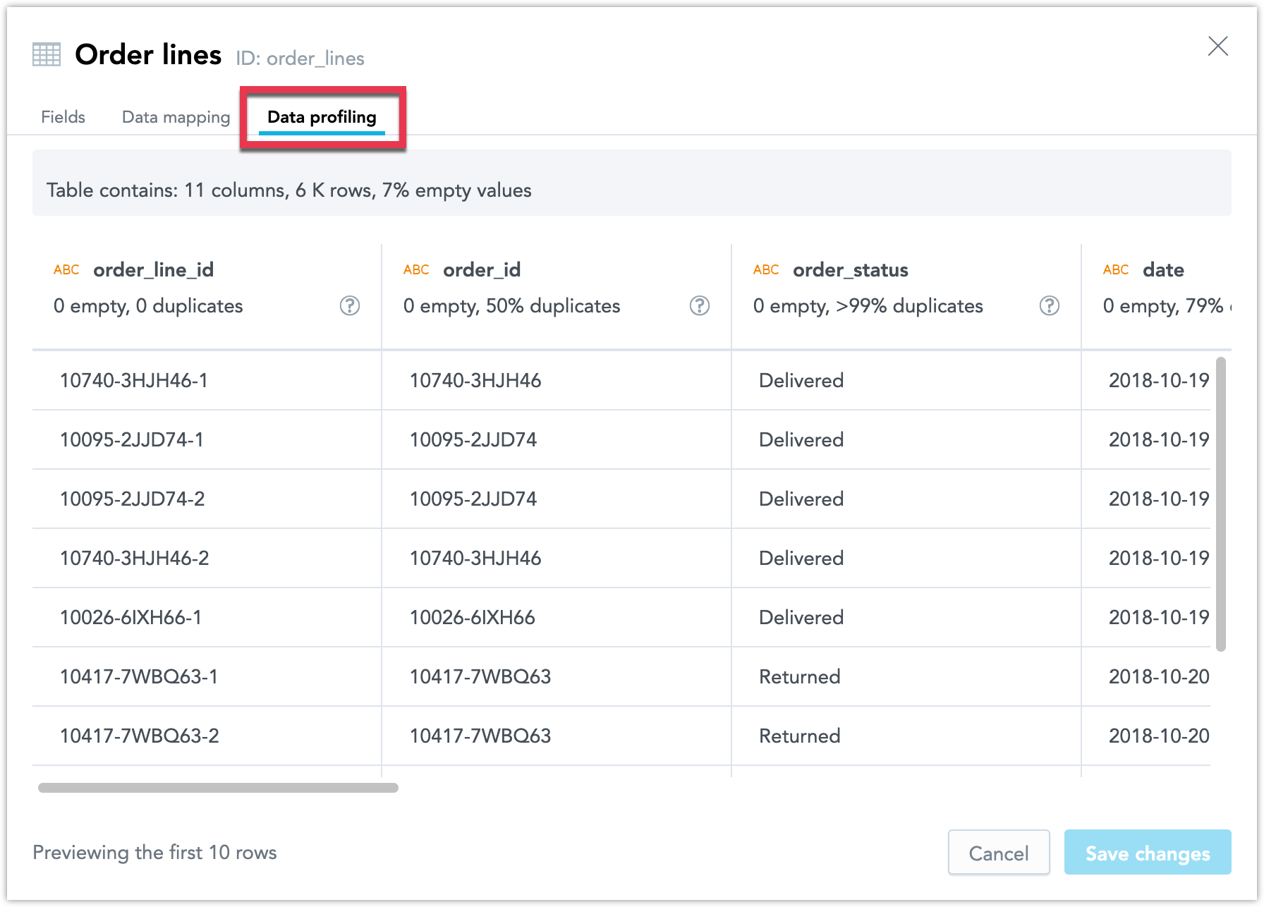 Profiling tab in a dataset