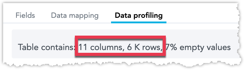 Profiling tab showing table dimensions