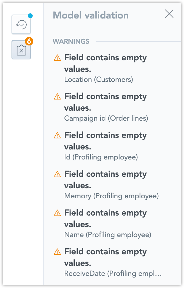 Data validation panel showing empty values