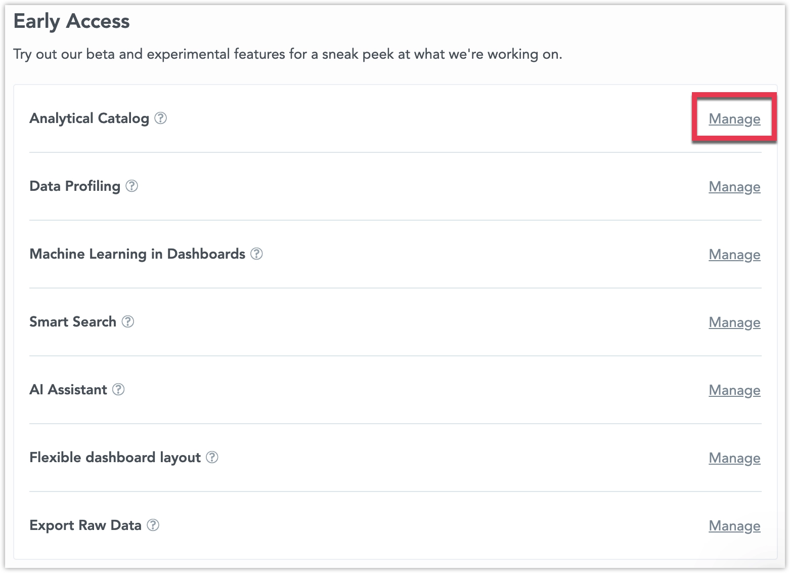 Screenshot of the early access features part of Settings.