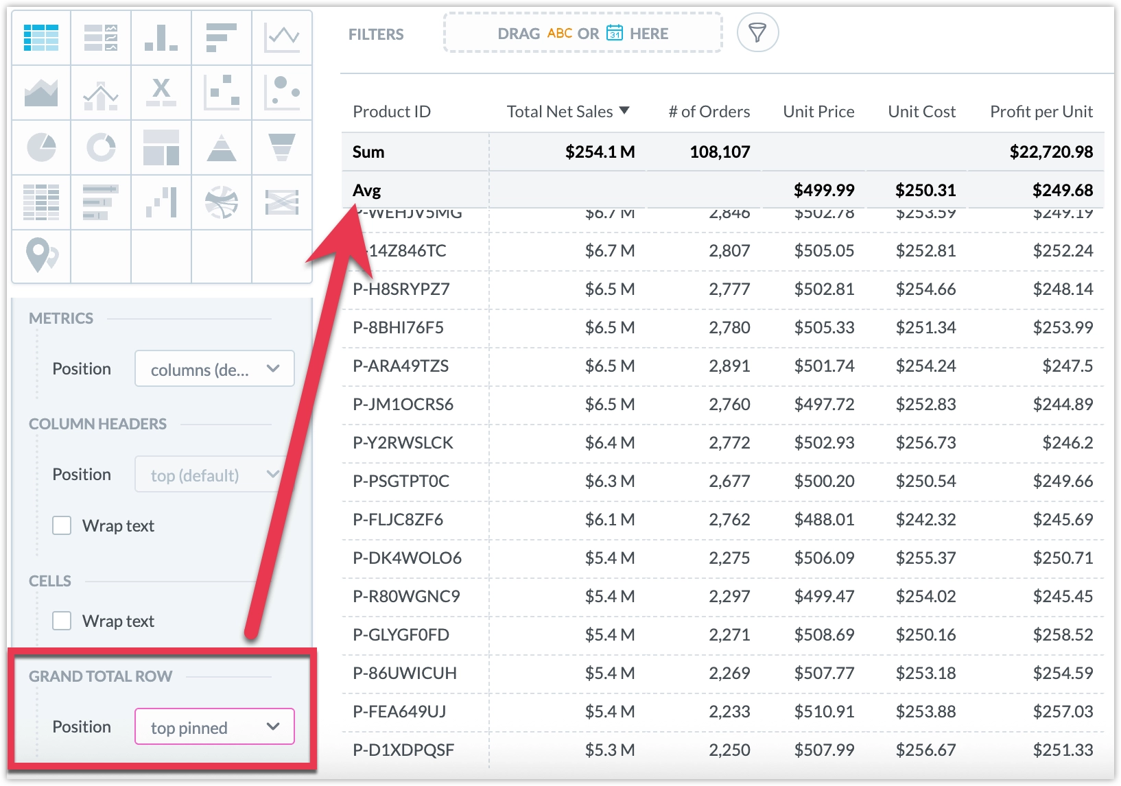 Screenshot of table setting in AD