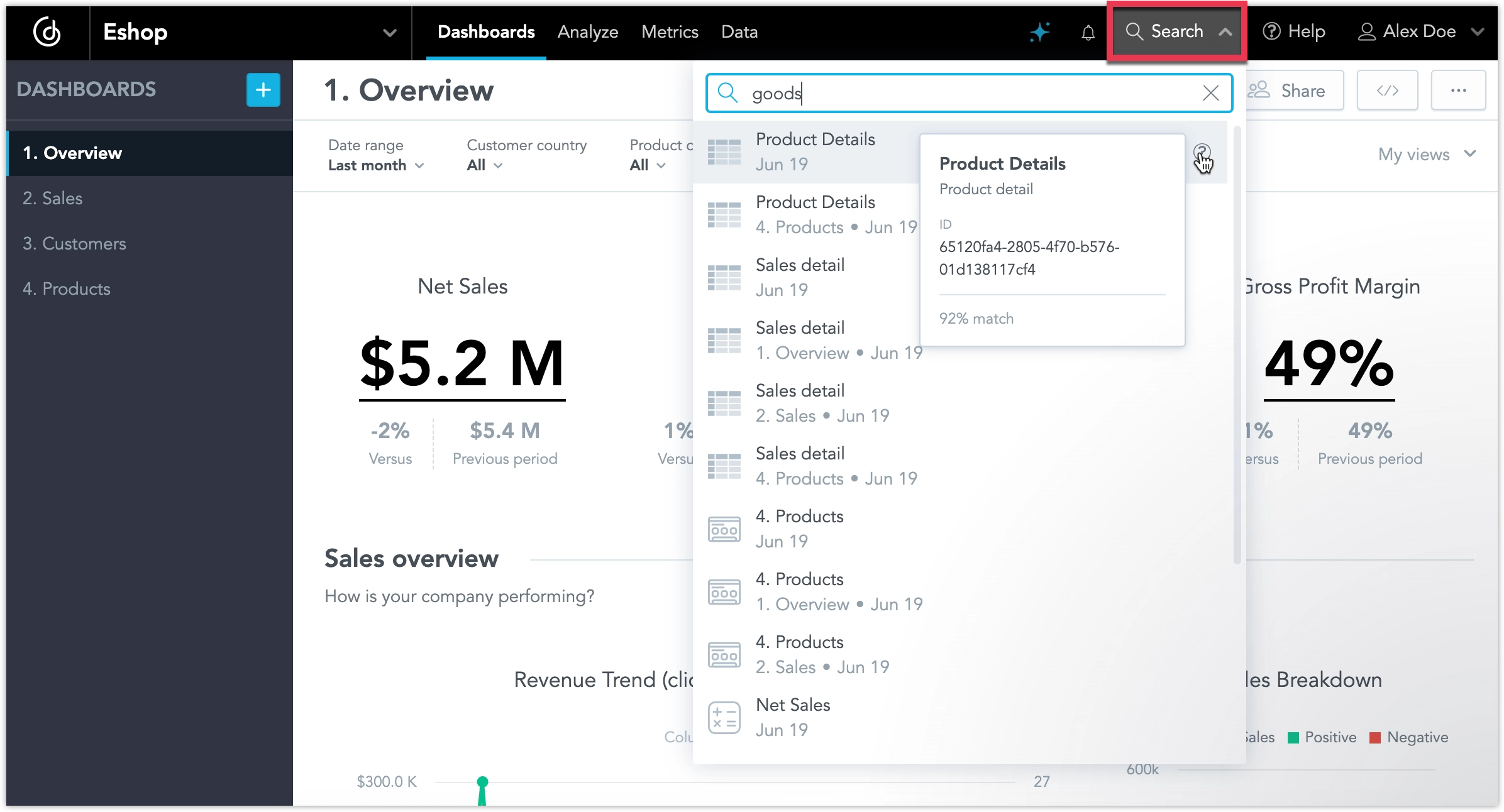 A dashboard with the search bar expanded from the top navigation. The search bar allows you to find dashboards, visualizations, and metrics using names, descriptions, and tags. A dropdown with suggested search results is visible below the search bar.