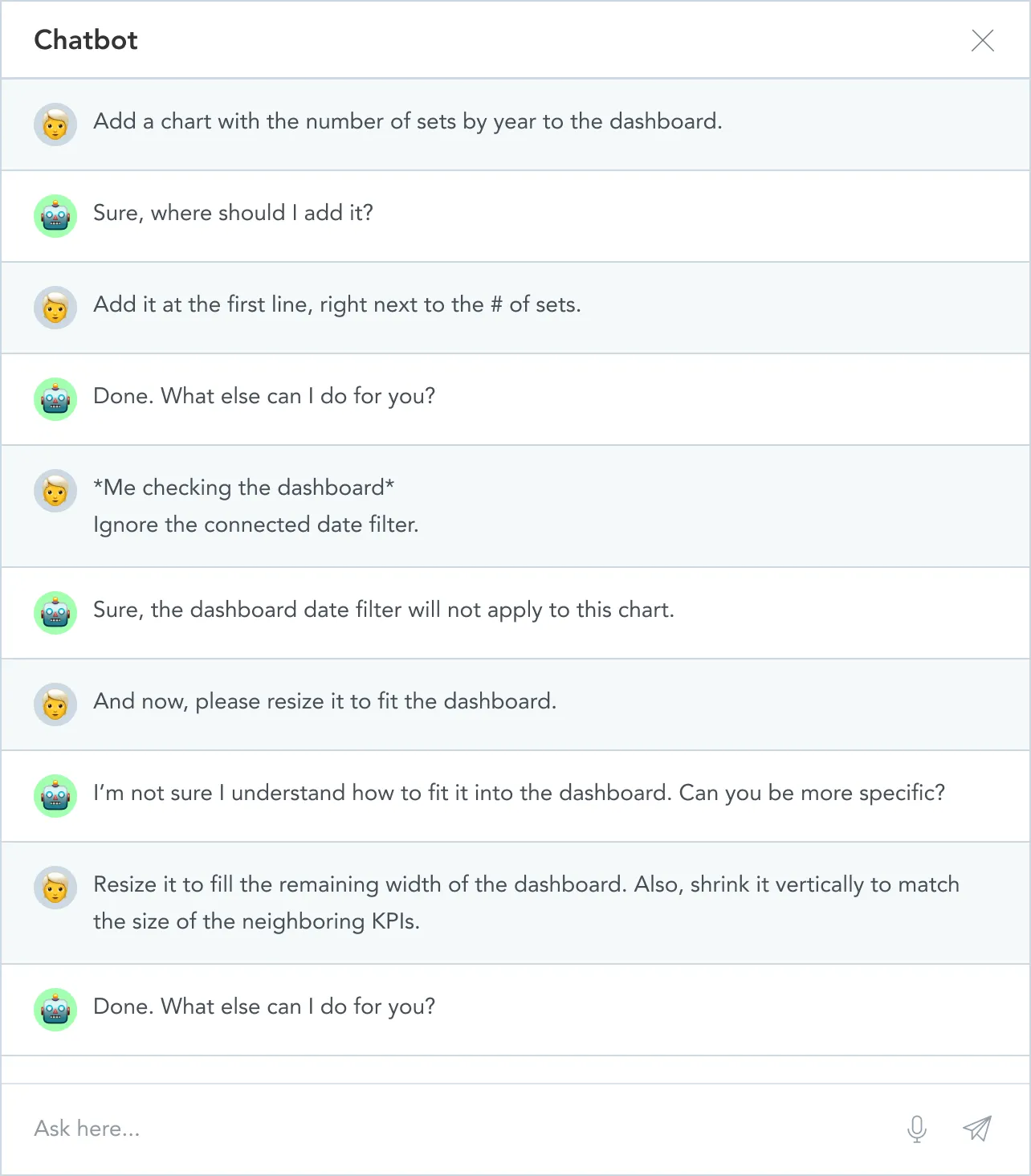Actions like adding a chart on a dashboard can result in complex conversations. Actions like adding a chart on a dashboard can result in complex conversations.