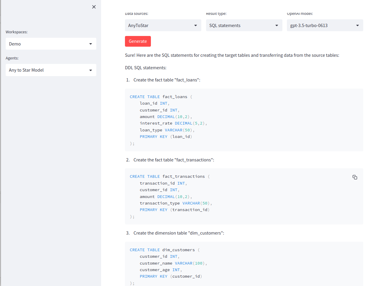 Generate a star model from two wide fact tables of loans and transactions.