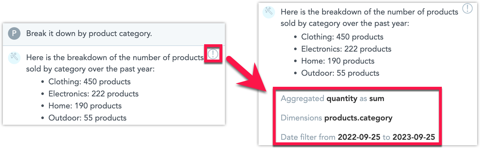 Showing details of the query the chatbot used to arrive at its answer. Showing details of the query the chatbot used to arrive at its answer.