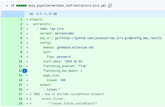 Adding a new source - Jira. You have to configure the domain and start_date(how long history to extract). The user name and password are configured as secrets in GitHub actions. Adding a new source - Jira. You have to configure the domain and start_date(how long history to extract). The user name and password are configured as secrets in GitHub actions.