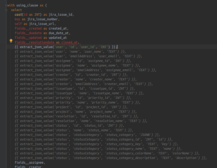 The snippet from the incremental transformations of the input table(loaded by Meltano). Attributes nested in JSON columns are extracted and materialized. GitHub Coplit suggested most of JSON extract calls correctly 😉 The snippet from the incremental transformations of the input table(loaded by Meltano). Attributes nested in JSON columns are extracted and materialized. GitHub Coplit suggested most of JSON extract calls correctly 😉