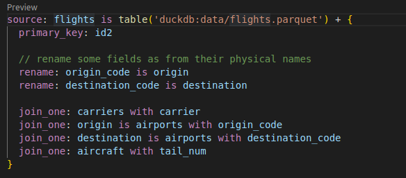Malloy source on top of the flights table. Only primary key and references to other sources. Only two fields are renamed to simplify their usage. Malloy source (a logical dataset) on top of the flights table. Only primary key and references to other sources. Only two fields are renamed to simplify their usage.