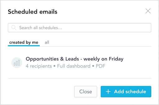 View scheduled emails directly within your embedded analytics environment. Image showing name of dashboard that is scheduled for sharing on a weekly basis, with option to add additional scheduled items.