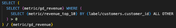 Code snippet defining percentage of revenue from top 10 percent of customers in MAQL