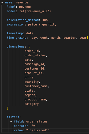 Code snippet defining revenue in analytics in dbt metrics