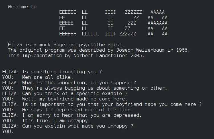 A conversation with the chatbot Eliza; source: Wikipedia A conversation with the chatbot Eliza; source: Wikipedia