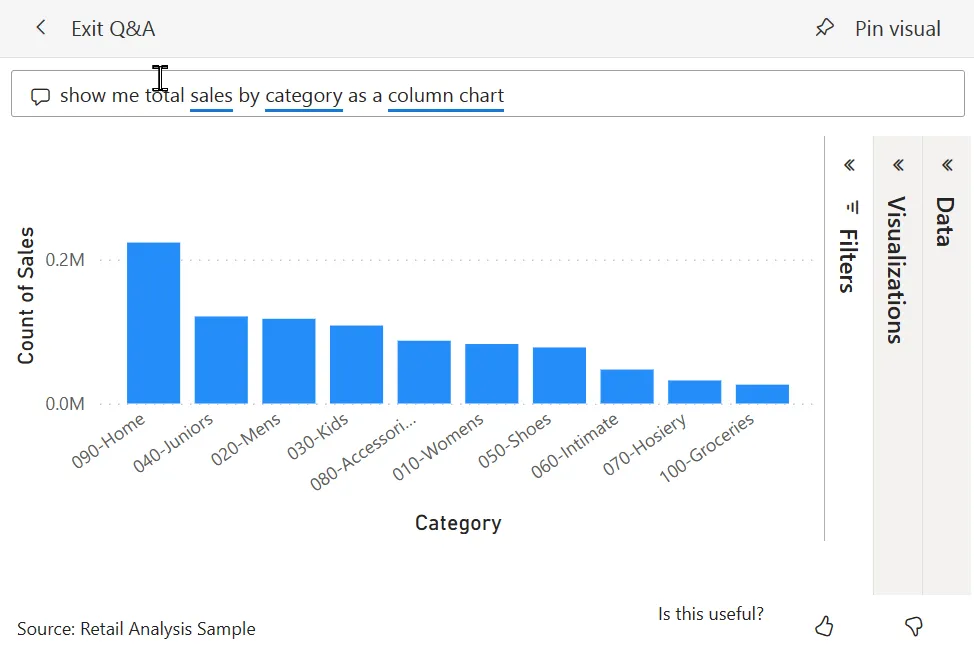 Example of natural language query in Power BI, source: Power BI docs Example of natural language query in Power BI, source: Power BI docs